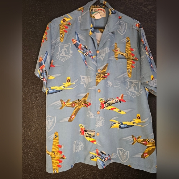 Paradise Found Hawaiian Shirt Men's L  Blue With U.S. Warplanes Beautiful Piece! - Picture 4 of 10